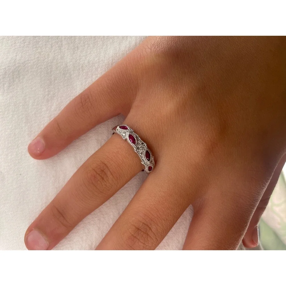 Vintage Style Marquise Ruby Red CZ Silver Tone Milgrain Eternity Band Ring